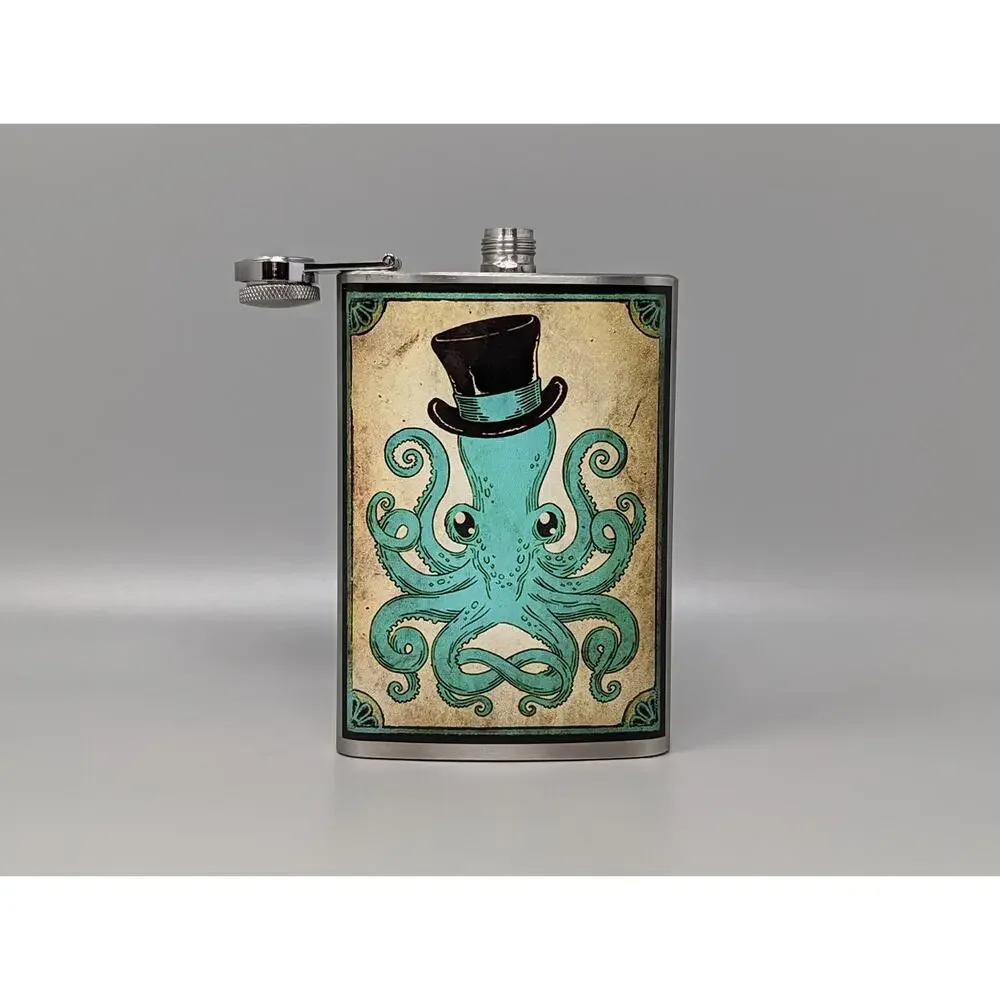 Trixie And Milo Genuine Flask 8 Ounce Octopus W/Top Hat Flask Stainless Steel
